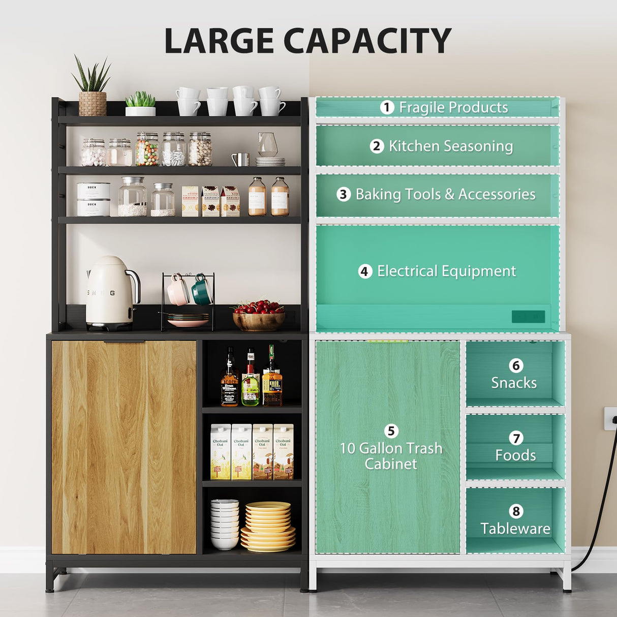 VANOMi Tilt Out Trash Can Cabinet, 67" Kitchen Pantry Storage Cabinet, Bakers Rack Microwave Stand with Power Outlet, 7-Tiers Tall Coffee Bar Station for Kitchen, Dinning Room, Living Room VANOMi