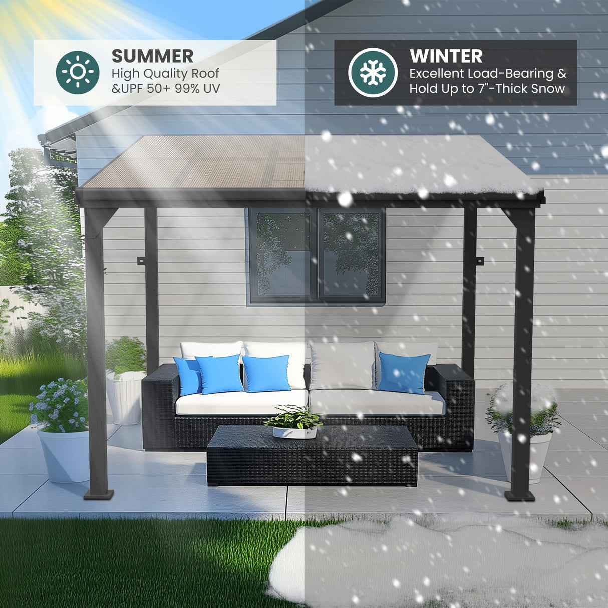 Pamapic 10 * 10FT Wall Mounted Gazebo,4*4 Inch Thickened Pillars & Enlarged Base,Outdoor Hardtop Lean to Pergola,UV Resistant Polycarbonate Roof,Aluminum Frame Pergola,Outdoor Patio Awnings for Lawn Pamapic