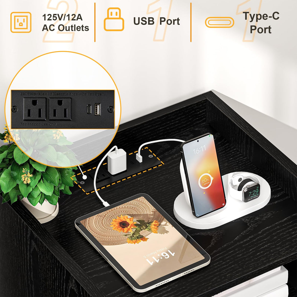 Night stand Set of 2, Bedside Tables with Charging Station, Rattan End Tables, Boho Bed Side Tables, Wood Nightstands set of 2 for Farmhouse Bedroom Living Room Dorm Sofa Couch Office Corner (Black) MECHYIN