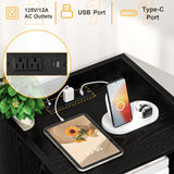 Night stand Set of 2, Bedside Tables with Charging Station, Rattan End Tables, Boho Bed Side Tables, Wood Nightstands set of 2 for Farmhouse Bedroom Living Room Dorm Sofa Couch Office Corner (Black) MECHYIN