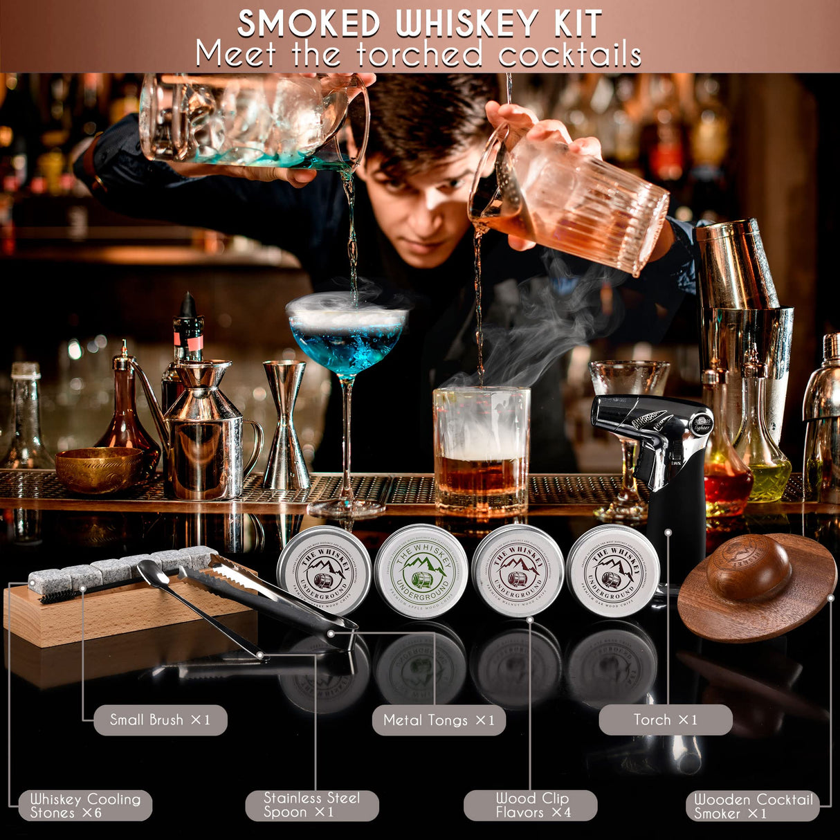The Whiskey Underground Bourbon, Whiskey Smoker Kit - Cocktail Smoking Kit with Butane Torch, Smoke Top, Whiskey Stones - Apple, Cherry, Oak, Walnut Wood Chips - Premium Wooden Box. No Butane The Whiskey Underground