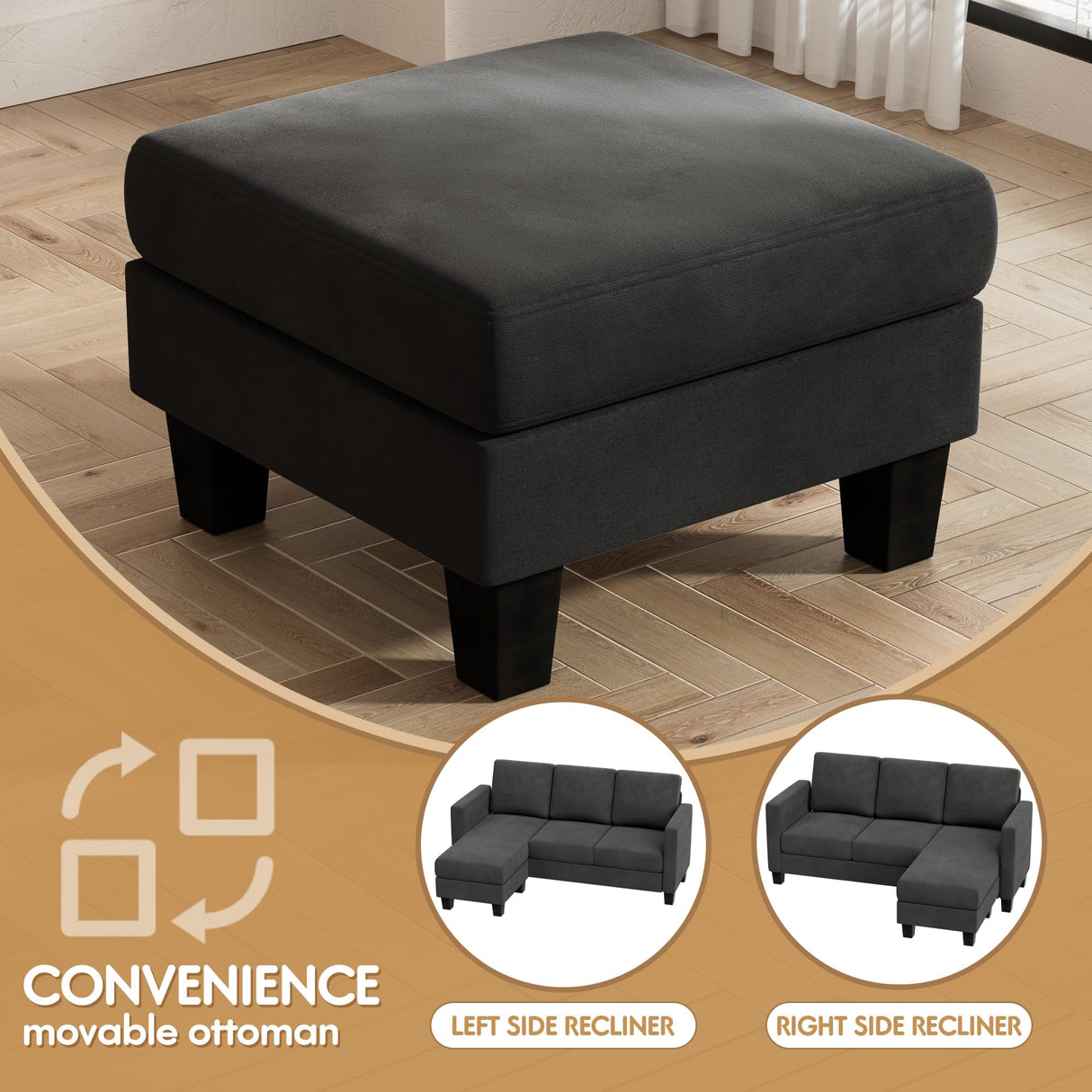 VICTONE Sectional Sofa Couch, 3 seat L-Shaped Small Sofa with Movable Ottoman Couch for Small Apartments, Living Rooms and Offices (Linen Fabric, Deep Grey) VICTONE