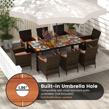 Tangkula 9 Piece Outdoor Dining Set, Patio Wicker Furniture Set with Acacia Wood Table Top w/Umbrella Hole, Rattan Dining Table Chairs Conversation Set Perfect for Outdoor and Indoor