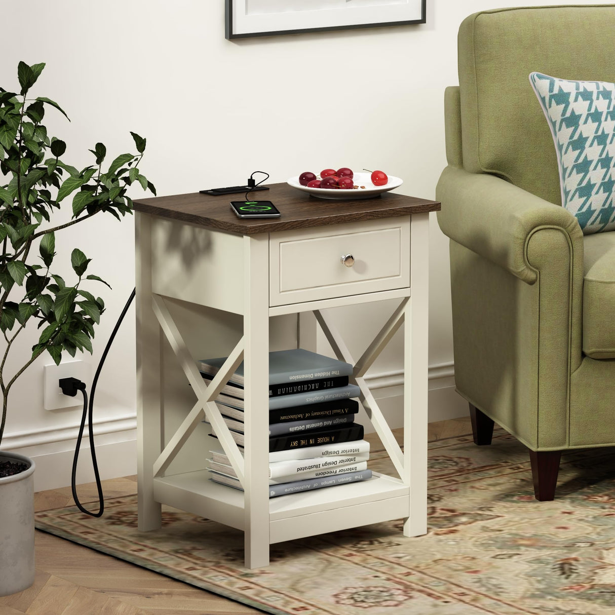 Treocho Farmhouse End Table Set of 2,Nightstand with Charging Station, X-Design Side Table with 2 AC and USB Power Outlets, Small Night Stand with Storage Drawer and Open Shelf for Living Room Treocho
