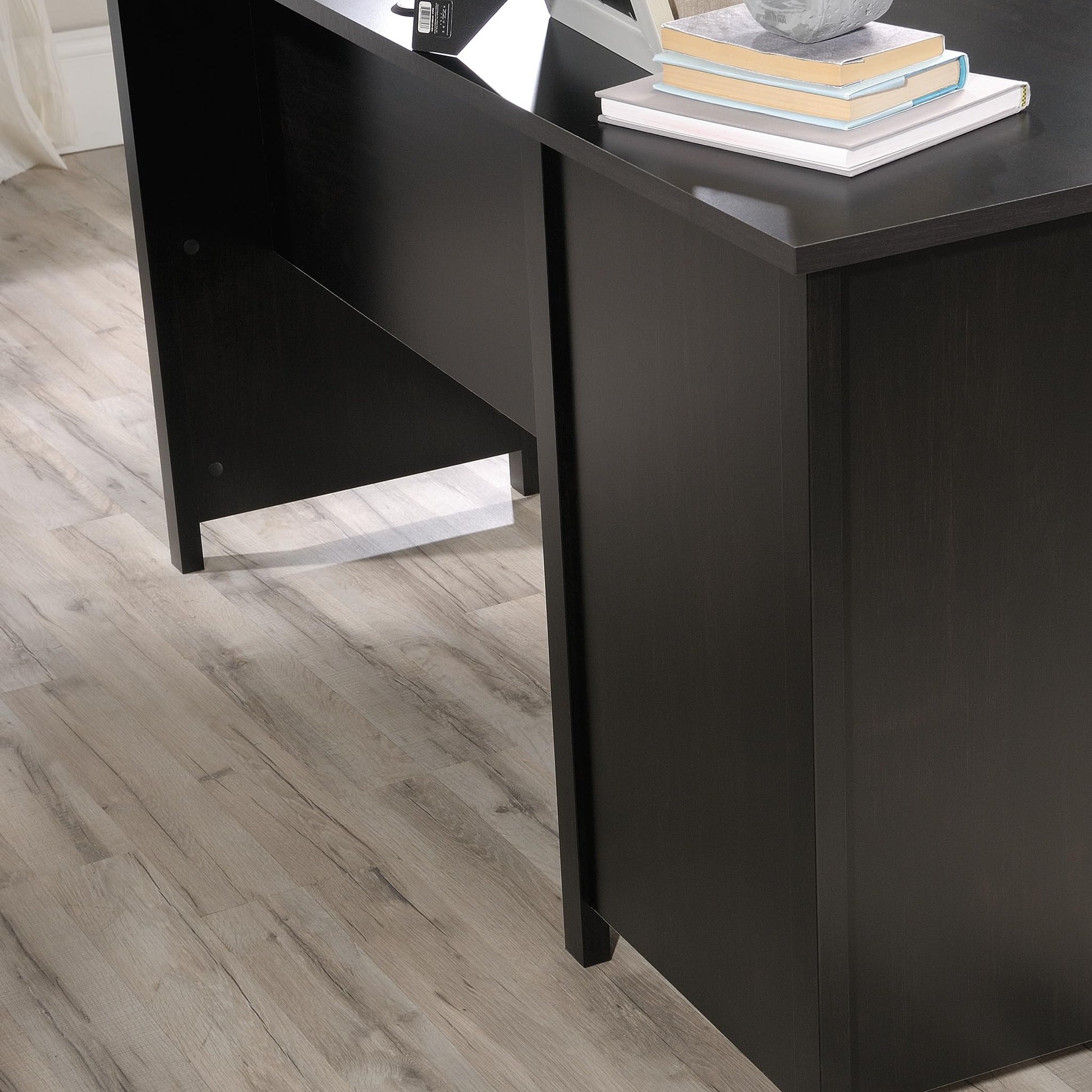 Sauder County Line L-Desk, L: 61.26" x W: 59.06" x H: 30.04", Estate Black Finish - WoodArtSupply