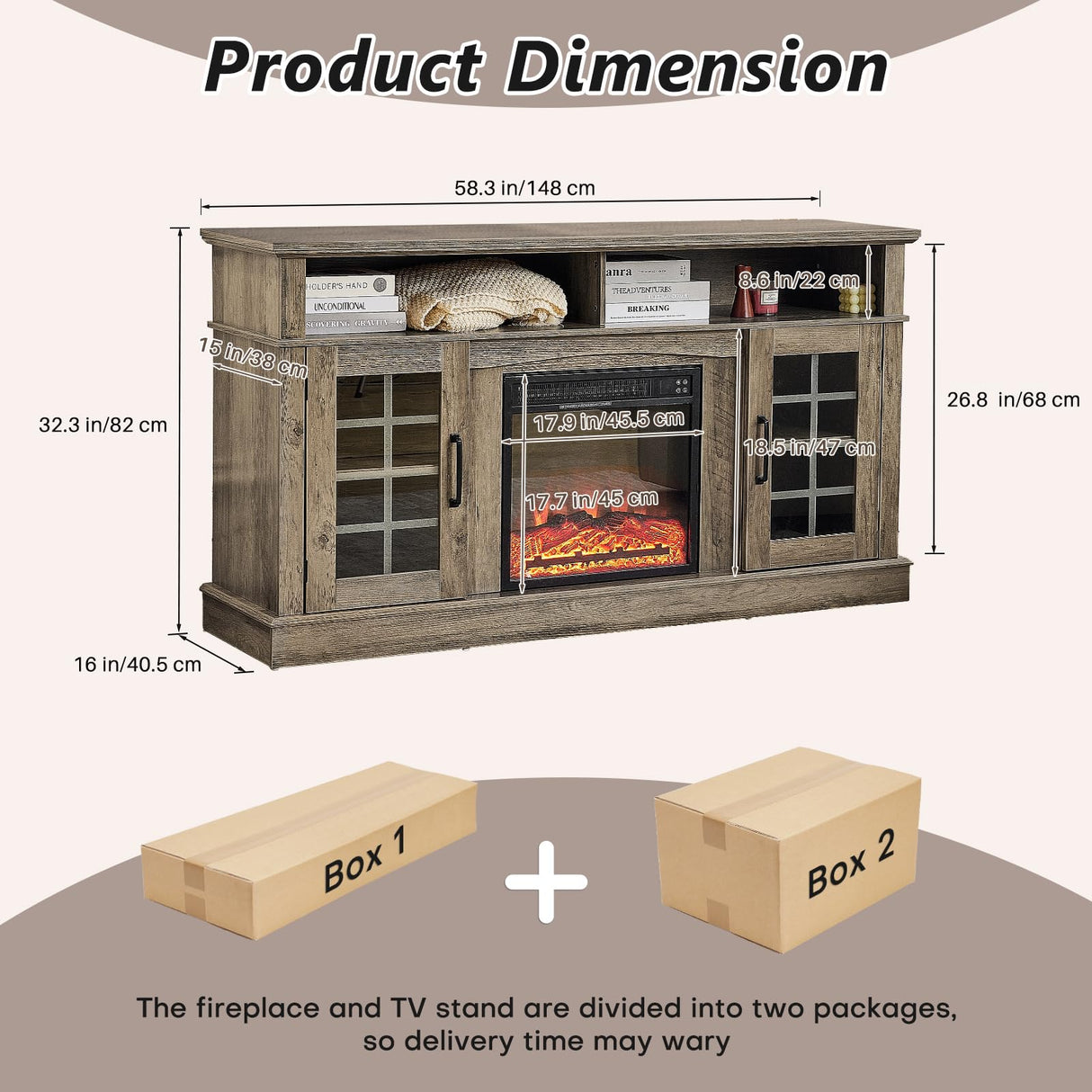 Redlife TV Stand with Fireplace for 65 Inch TV, Fireplace TV Stand, Farmhouse Entertainment Center with Fireplace, Media Console with Fireplace, TV Cabinet with Charging for Living Room (Brown) Redlifeᅟᅠ