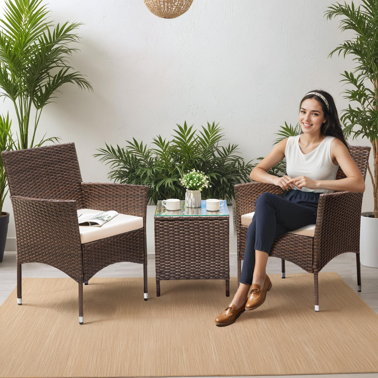 Greesum 3 Pieces Patio Dining PE Rattan Wicker Chair Furniture Set with Cushion and Glass Coffee Table for Outdoor Garden Backyard Poolside, Brown and Beige Greesum