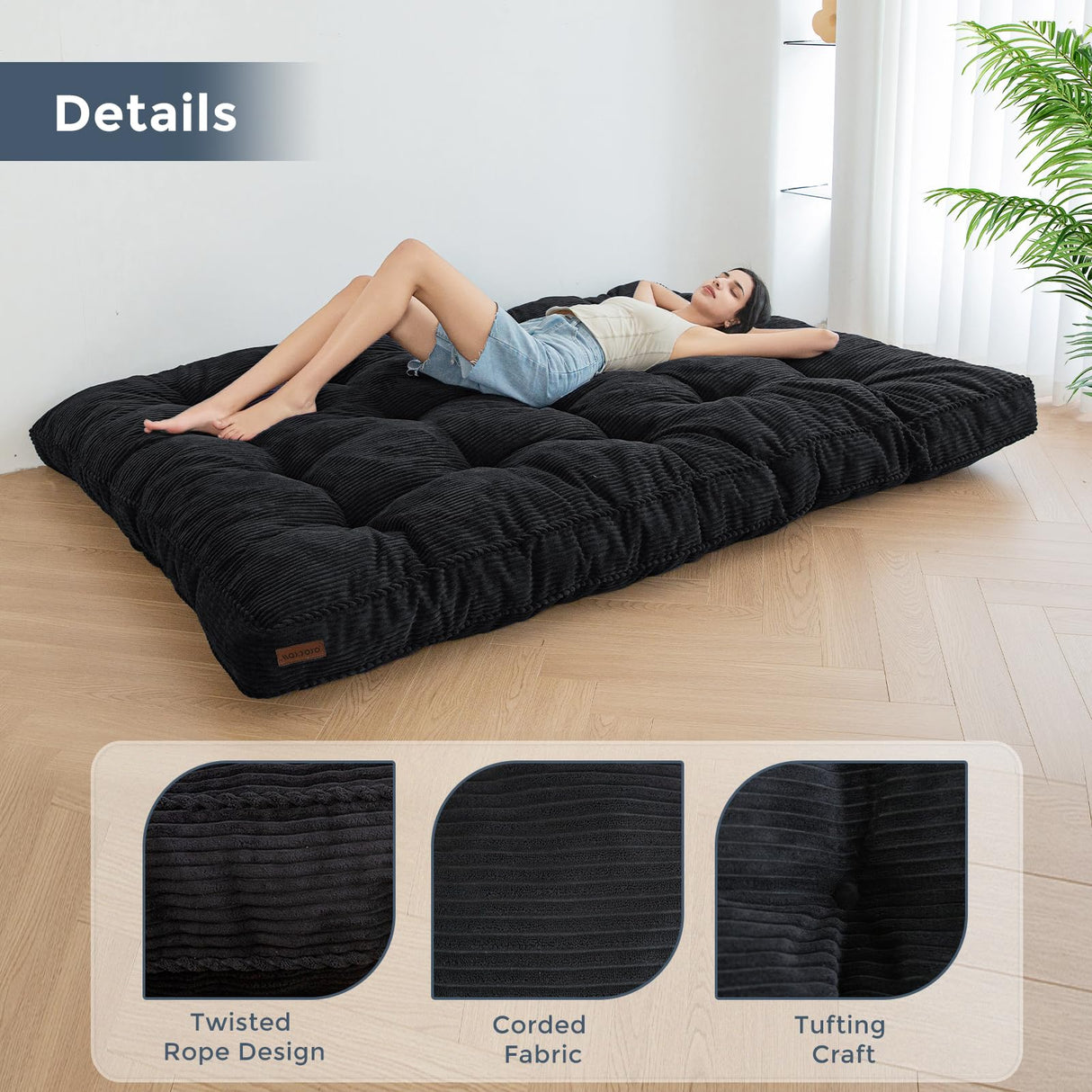 MAXYOYO 6" Futon Mattress Full Size, Tufted Futons Sofa Couch Bed with Twisted Rope Design Edging, Thick Corded Fabric Floor Mattress for Adults, Shredded Foam Filling (Frame Not Included), Black MAXYOYO