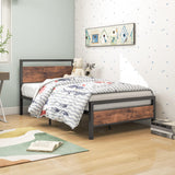 HOJINLINERO Metal Twin Size Bed Frame with Wood Headboard,Platform Bed Frame Twin,Bed Base Steel Slats,No Box Spring Needed,Black and Rustic Brown HOJINLINERO