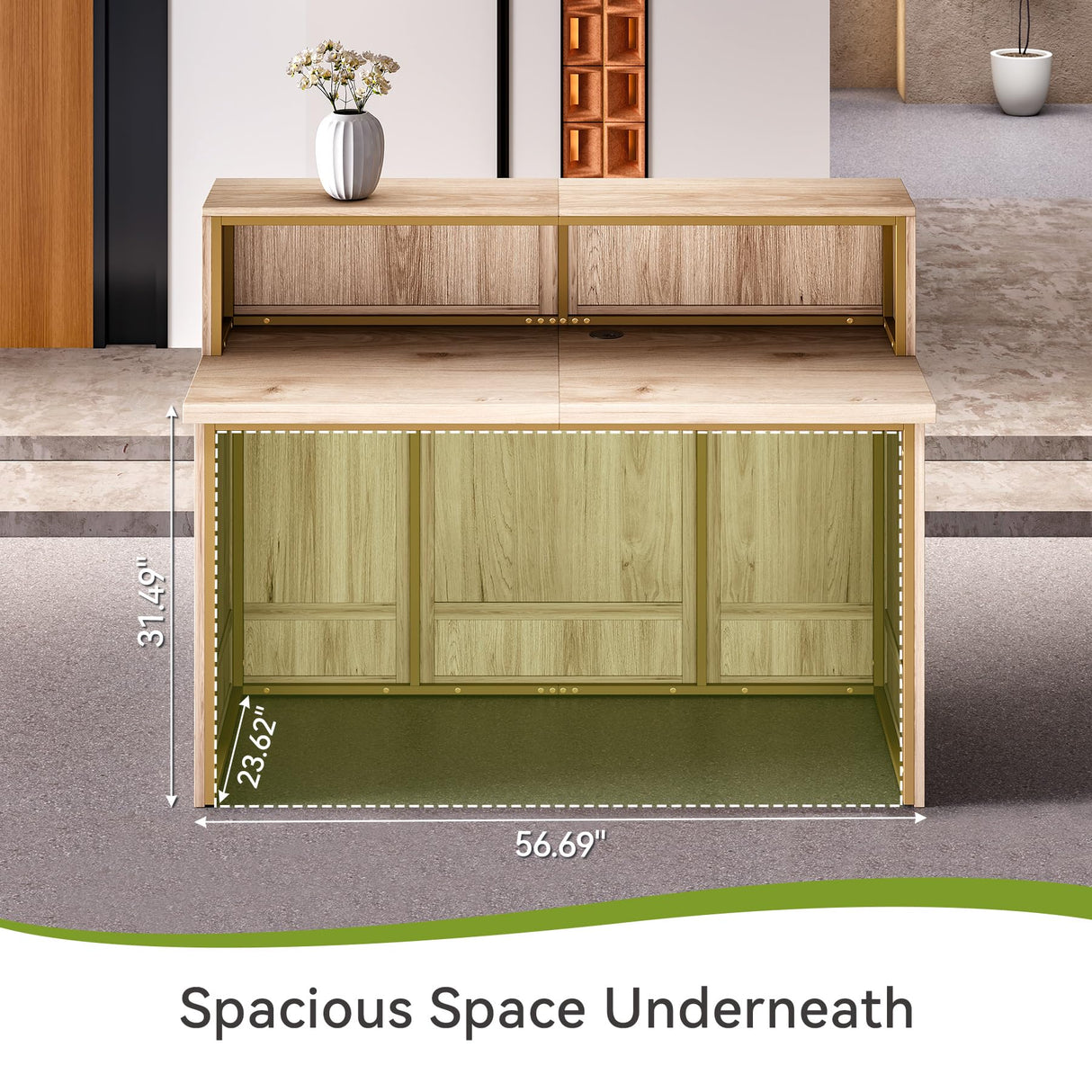 LITTLE TREE 57-Inch Reception Counter, Boho Style Front Desk, Modern Checkout Counter, Reception Desk for Retail, Lobby, Salon, Office, Oak LITTLE TREE