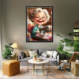 VAIIEYO 5D DIY Diamond Art Kits for Adults Sewing Machine, Diamond Art Cartoon Grandma, Diamond Painting Kits Full Drill Round Rhinestone Craft Canvas for Home Wall Decor Gift 12x16 inch VAIIEYO