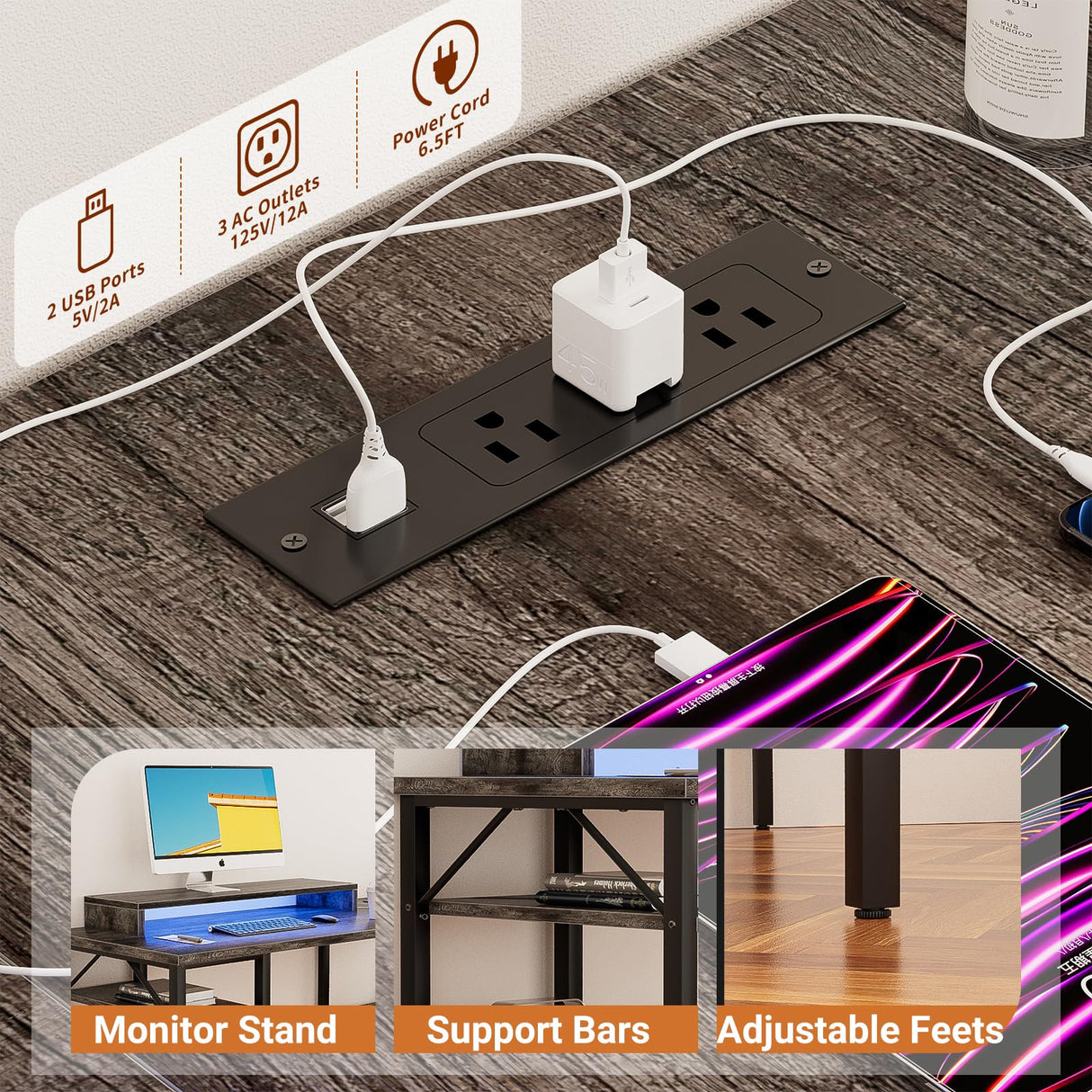 Unikito Reversible L Shaped Desk with Power Outlets and RGB LED Light, Sturdy Computer Desk with Ergonomic Monitor Stand and Storage Shelves, Corner Desk for Home Office, Easy Assembly, Black Oak Unikito