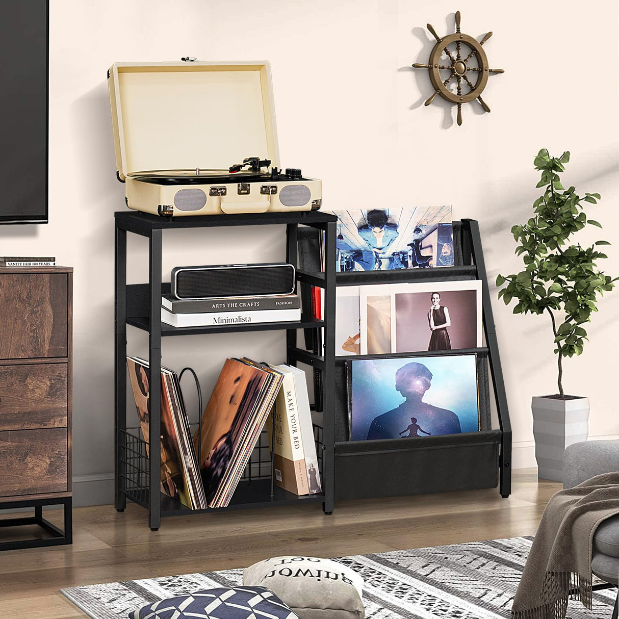 LELELINKY Black End Table,Record Player Stand with Vinyl Storage,3 Tier Side Table with Display Shelf Storage Up to 150 Albums,Industrial Large Record Holder Cabinet for Living Room LELELINKY