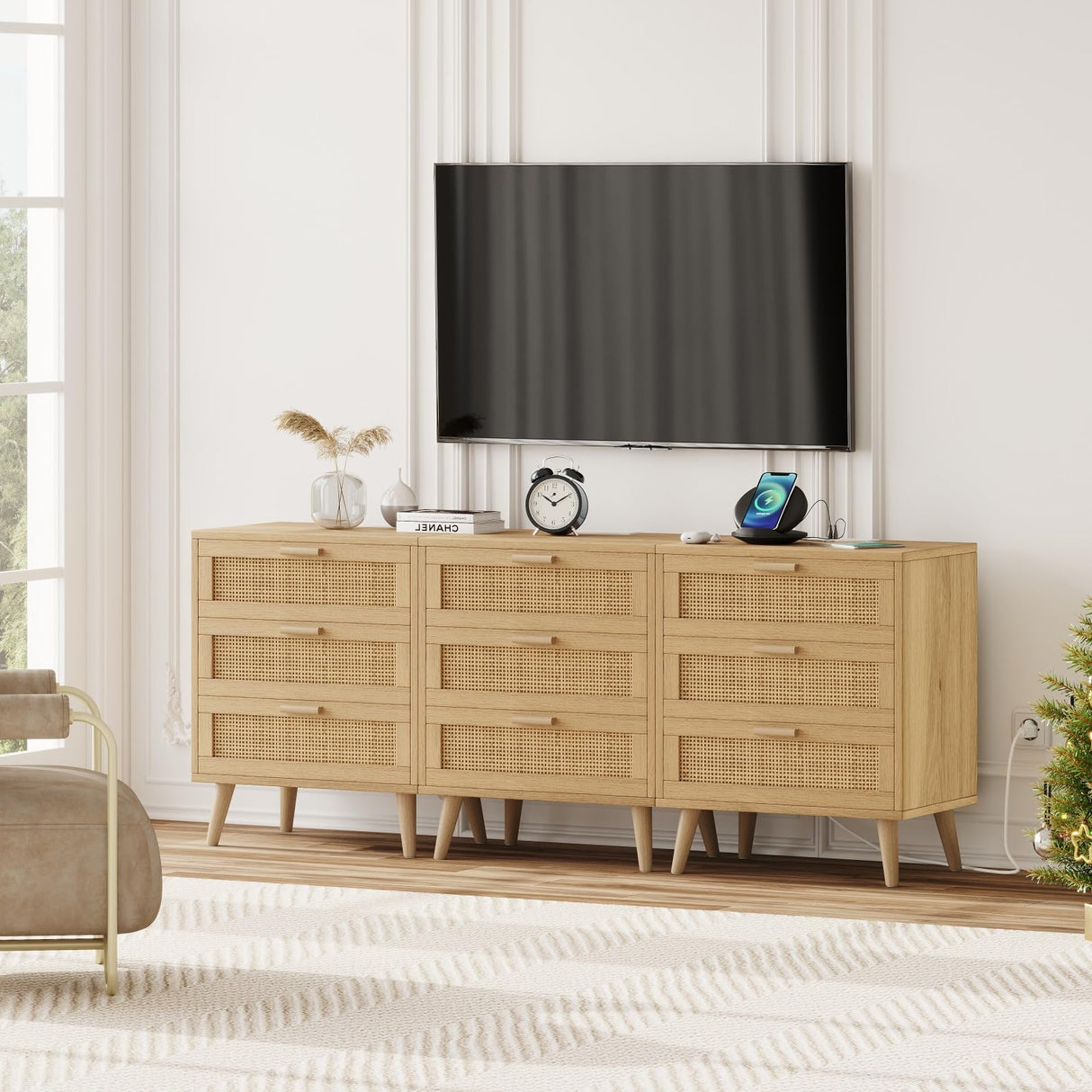 Irontar Set of 2 Rattan Nightstand with Charging Station, Night Stand with 3 Large Rattan Drawers, Accent End Table, Bedside Table with Solid Wooden Legs for Bedroom, Natural BZZ006ME02 Irontar