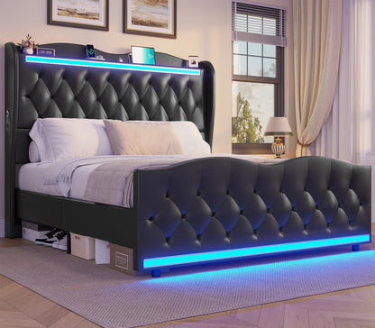 Elegant ADORNEVE Queen Size LED Bed Frame with Tall Wingback Headboard, Footboard, and Charging Station in Black PU Leather - WoodArtSupply