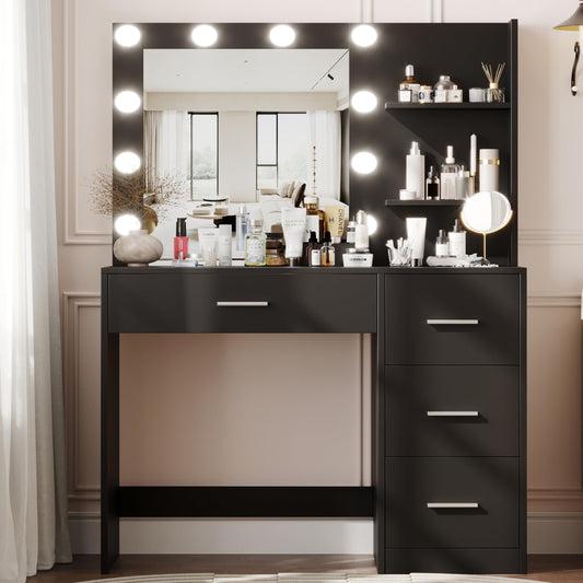 Rovaurx Makeup Vanity Table with Lighted Mirror, Makeup Vanity Desk with Storage Shelf and 4 Drawers, Bedroom Dressing Table, 10 LED Lights, Black