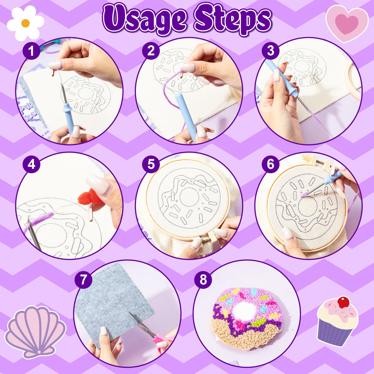 WATINC Punch Needle Coaster Kits - 23Pcs Easy Art Work Decor Craft Supply for Beginners, DIY Set of 6 Unique Pattern Tufted Pads with Adhesive Felt Yarns Tools Instruction Customized Boxes (Purple) WATINC