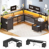 SEDETA L Shaped Desk with 6 Drawer, 108" Home Office Desk with File Drawer & Power Outlet, Corner Computer Desk with Monitor Shelf, File Cabinet, Two Person Desk, Gaming Desk with Led Lights, Black SEDETA