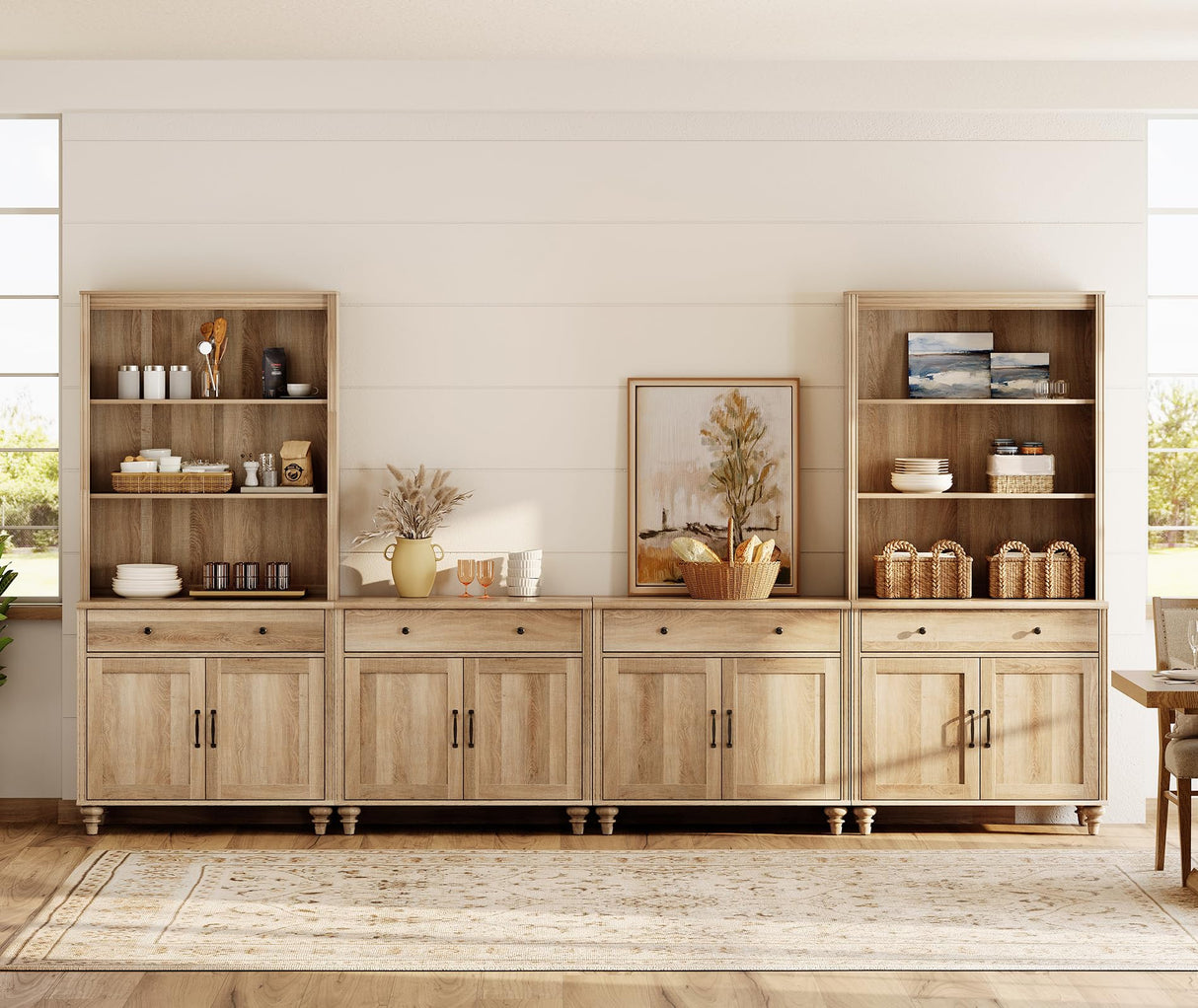 WAMPAT Entertainment Center with Bookshelves for TVs up to 75", Farmhouse Wall Unit TV Stand with 8 Doors & 4 Drawer, Media Console Table for Living Room, Bedroom & Home Theater, Oak WAMPAT