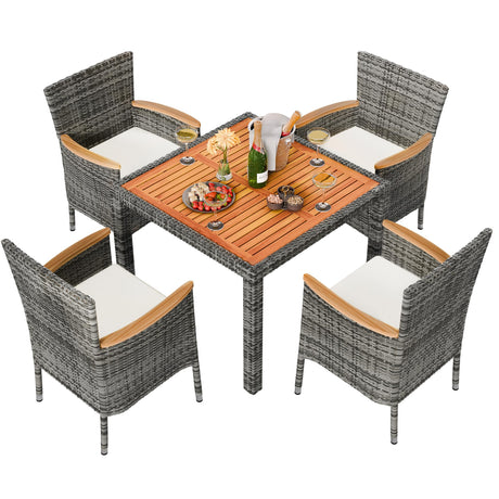 Shintenchi 5 Piece Patio Dining Set, Wicker Patio Conversation Set with Wooden Table Top, Outdoor Table and Chairs with Soft Cushions for Backyard, Deck and Garden, Grey Wicker Shintenchi