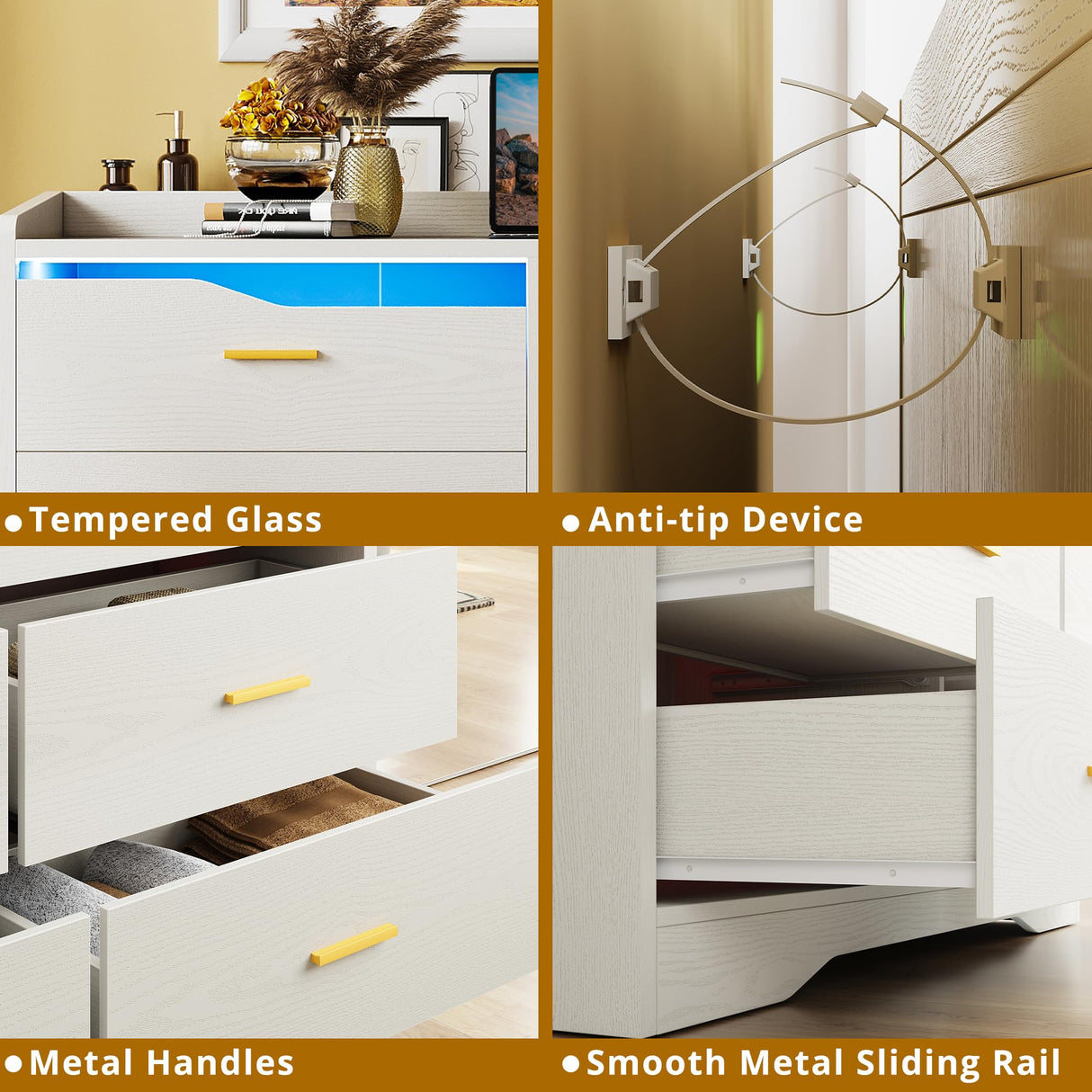 IRONCK Dresser for Bedroom with LED Light and Charging Station, Large Dressers & Chests of Drawers with 6 Wooden Drawers, Storage Organizer Dresser for Hallway, Bedroom, White IRONCK