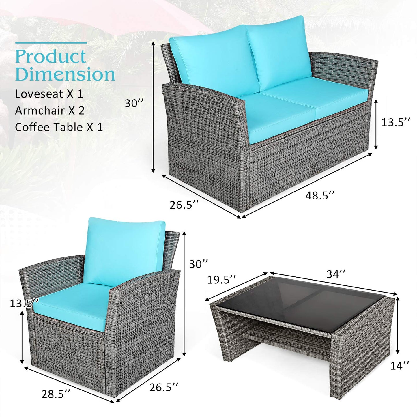 COSTWAY 4 Pieces Patio Rattan Furniture Set, Outdoor Wicker Sofa Set with Tempered Glass Coffee Table, Cushions, All Weather Rattan Conversation Set for Yard Balcony Backyard Pool, Turquoise