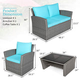 COSTWAY 4 Pieces Patio Rattan Furniture Set, Outdoor Wicker Sofa Set with Tempered Glass Coffee Table, Cushions, All Weather Rattan Conversation Set for Yard Balcony Backyard Pool, Turquoise COSTWAY