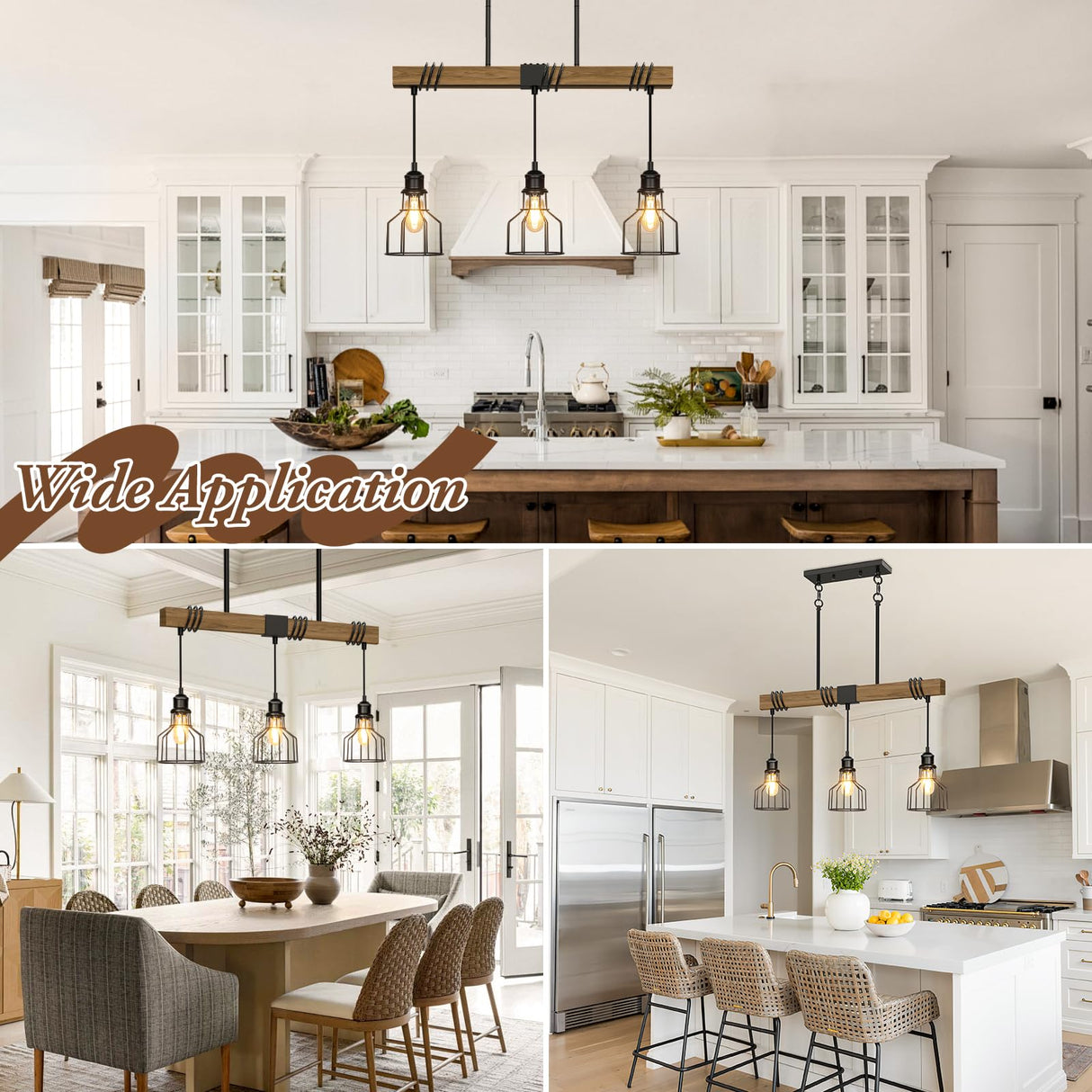 3-Light Kitchen Island Lighting, 63" Adjustable Height Pendant Light Fixtures Black Metal & Rustic Wood Modern Dining Room Linear Chandelier Over Table with E26 Base for Farmhouse Bar LuxiGlowra
