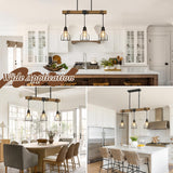 3-Light Kitchen Island Lighting, 63" Adjustable Height Pendant Light Fixtures Black Metal & Rustic Wood Modern Dining Room Linear Chandelier Over Table with E26 Base for Farmhouse Bar LuxiGlowra