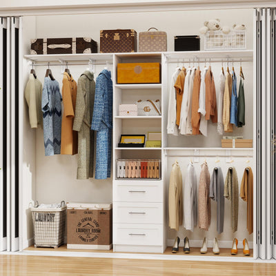 secilix Closet System with Drawers, 5-8FT Closet Organizer Systems with Expandable Hanging Rods, 96" Closet Shelving Systems for Walk in Closets, Heavy Duty Wall Mount Closet Systems-White
