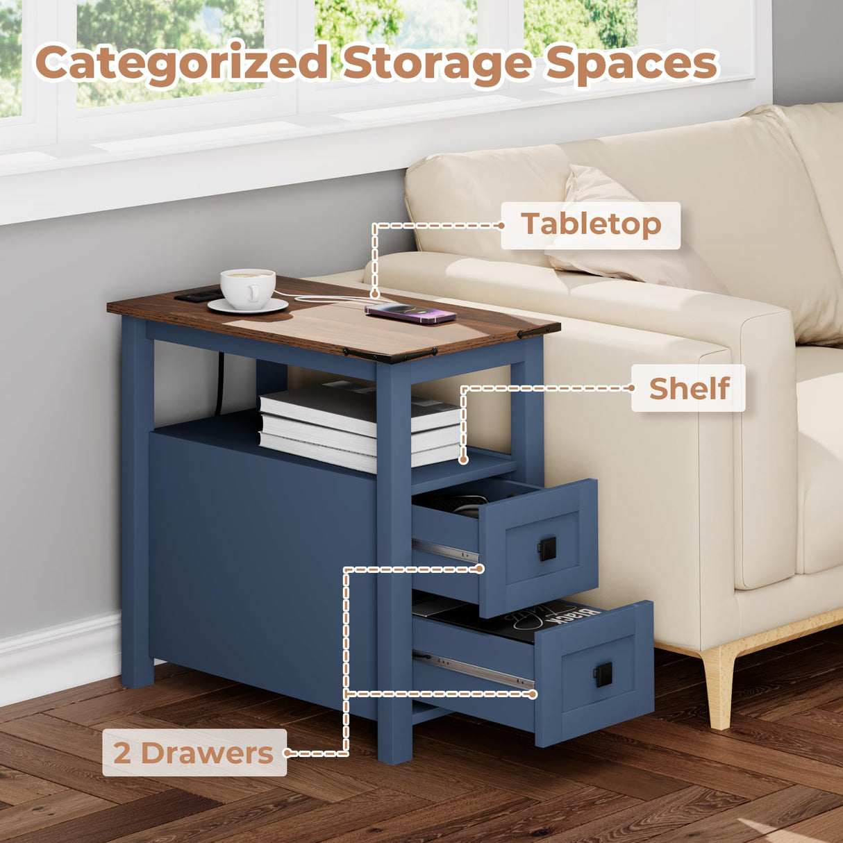 VVFLU Farmhouse End Table with Charging Station and 2 Storage Drawers, Blue Wood Nightstand Narrow, Skinny Side Table Rustic, Slim Bedside Table, Open Shelf, Small for Bedroom, Living Room, Sofa VVFLU