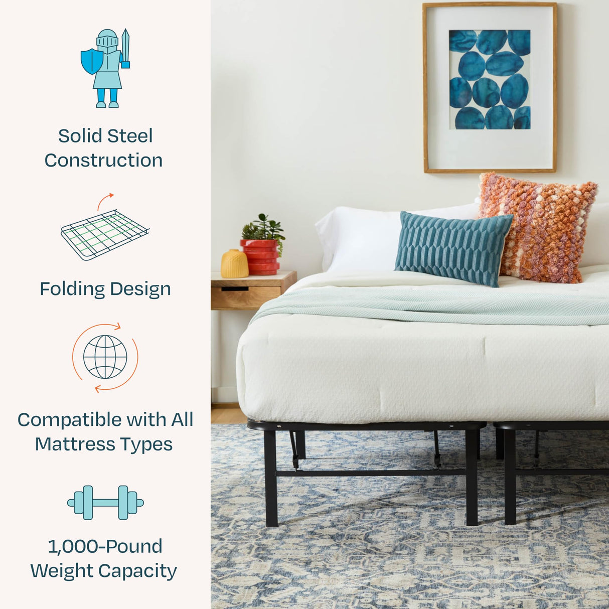 Linenspa Folding Metal Platform Bed Frame - No Box Spring Needed - Underbed Storage - Simple Tool Free Assembly - Mattress Foundation - 14" High - Traditional Design - Sturdy Steel - Full Size Linenspa