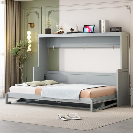 Ball & Cast Murphy Bed Queen Size Hideaway Beds with Hydraulic Lift & Desk Design,Industrial Multifunction Wood Wall Cabinets Bedframe W/Hardware Chain,Space-Saving for Apartment,Gray Ball & Cast