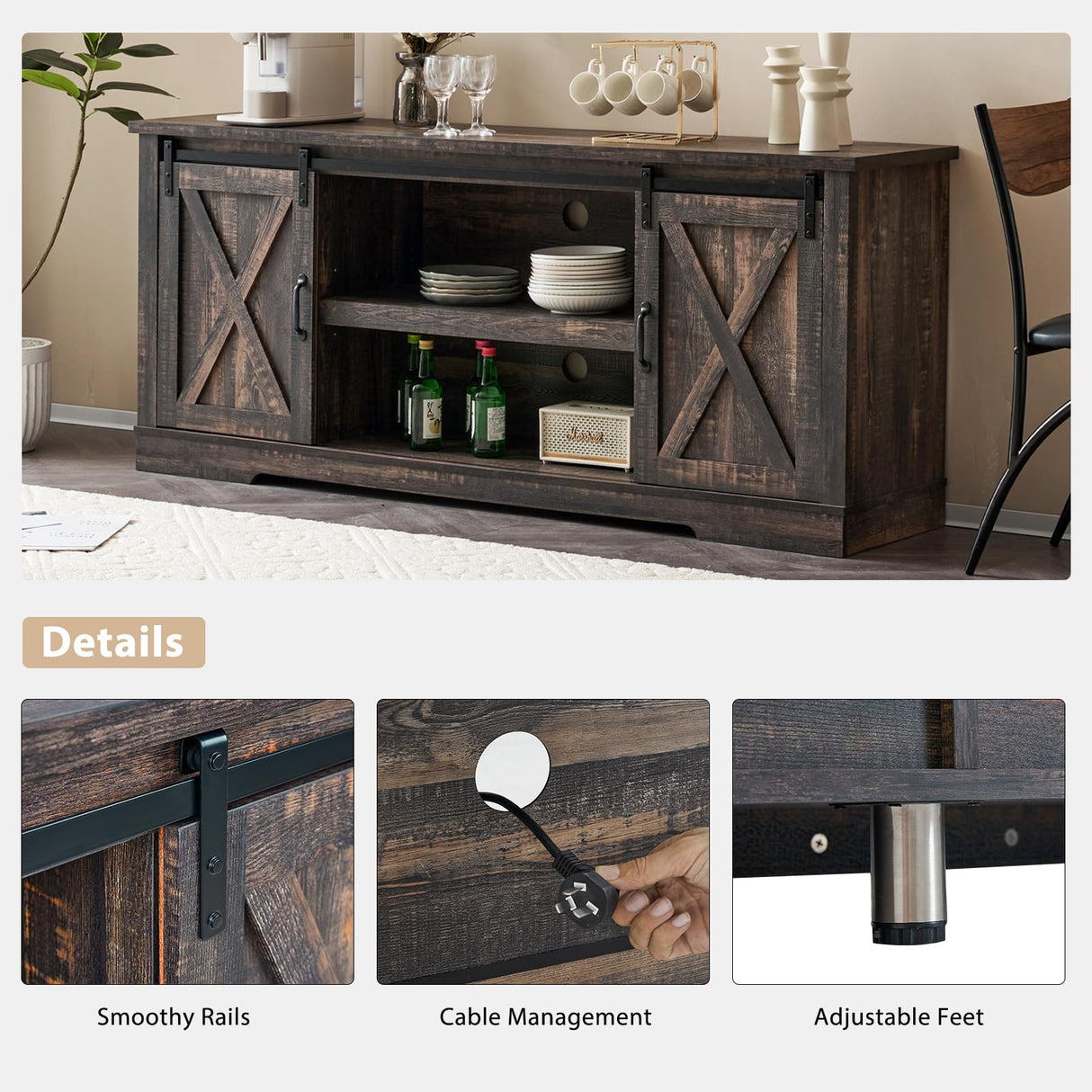 AMERLIFE 4-Piece Farmhouse Table Set Includes Sliding Barn Door TV Stand, Coffee Table& Two End Tables, Side Table with Charging Station and USB Ports, for Living Room, Dark Oak, 66" AMERLIFE