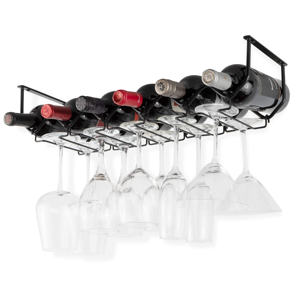 Wallniture Piccola Under Cabinet Wine Rack & Glasses Holder, Kitchen Organization with 6 Bottle Organizer Metal Black Wallniture
