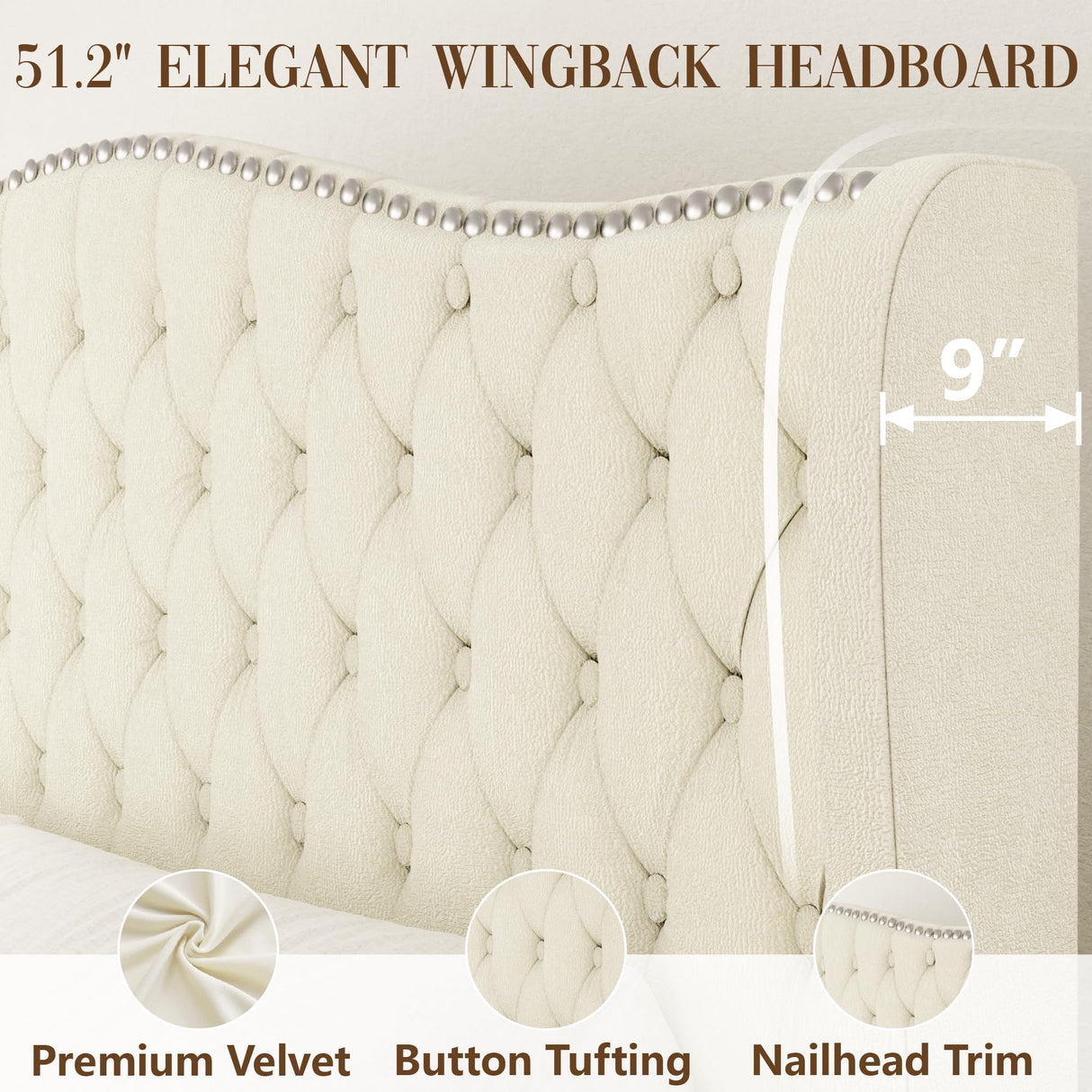 King Bed Frame with 51" Tall Headboard, Velvet Upholstered Platform Bed with Deep Button Tufted, Footboard & Nailhead Trim Wingback, No Box Spring Needed, Noise Free-Beige Konprosp