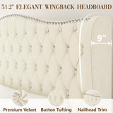 King Bed Frame with 51" Tall Headboard, Velvet Upholstered Platform Bed with Deep Button Tufted, Footboard & Nailhead Trim Wingback, No Box Spring Needed, Noise Free-Beige Konprosp