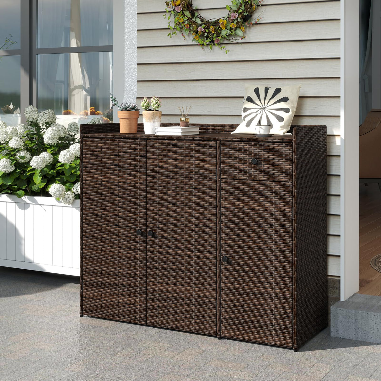 Tangkula Rattan Outdoor Storage Cabinet, Patiojoy Outdoor Cabinet with 4 Adjustable Shelves, 1 Drawer, 3 Doors, Patio Storage Deck Box Table for Patio Garden Poolside (Mix Brown) Tangkula
