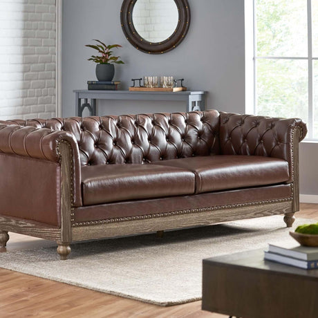 Merax PU Chesterfield Sofa, Retro Style Upholstered 3 Seater Leather Couch Rolled Arm for Living Room Bedroom Office, Dark Brown Merax