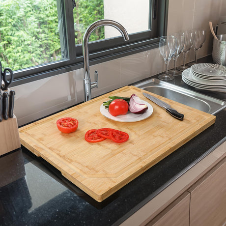 24 x 18 Extra Large Bamboo Serving Boards for Kitchen, Heavy Duty Wood Butcher Block Chopping Board with Handle and Juice Groove for Meat, Large Charcuterie Board, Over the Sink Cutting Board HIWARE