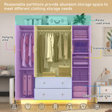 jiteentarou 4 Door Wardrobe Closet with Mirrors and LED Lights, Bedroom Armoire with Drawers and Shelves, Modern Wooden Armoire Wardrobe Closet with Hanging Rod for Bedroom, White jiteentarou