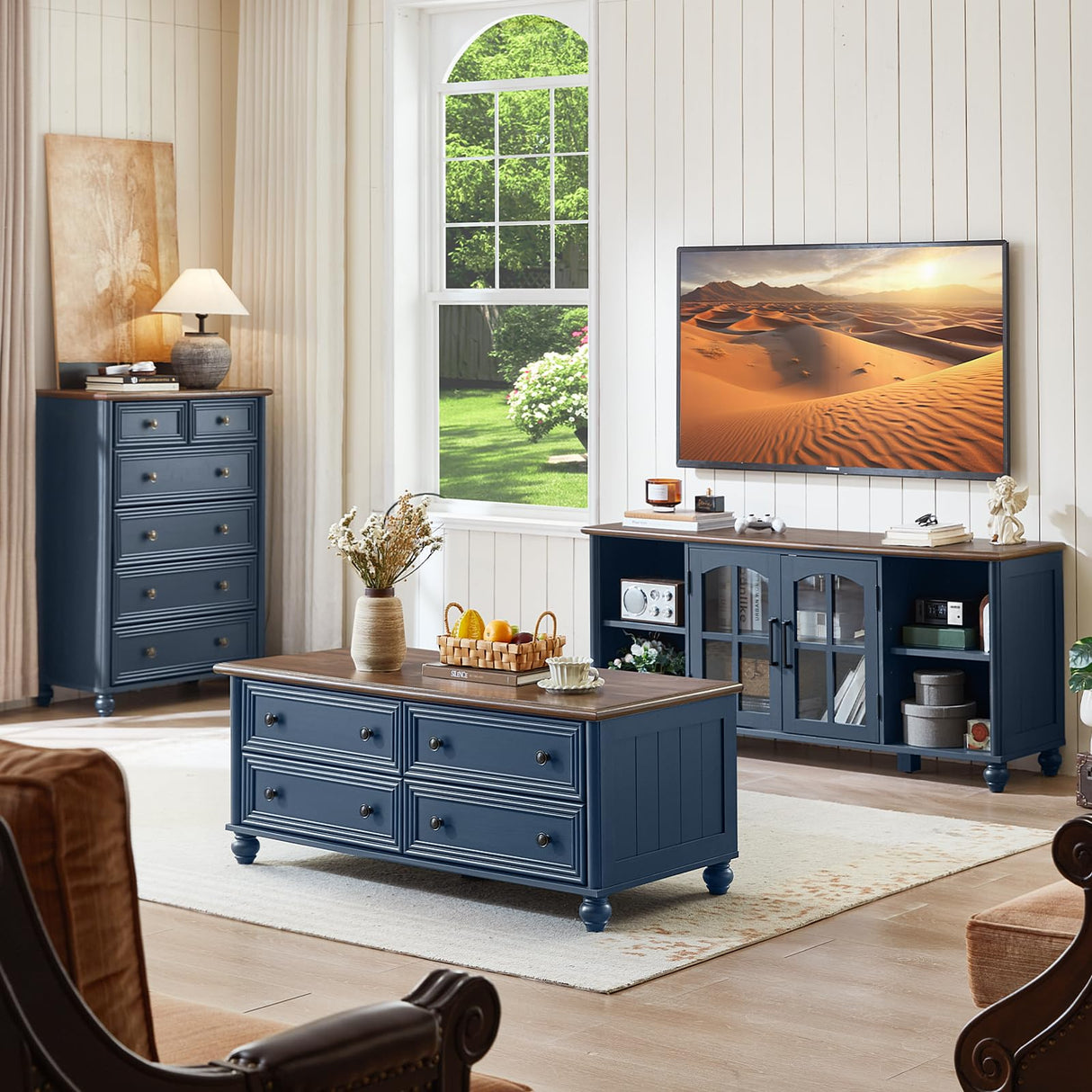 RWYHG 48" Farmhouse Coffee Table with Hidden Storage,Wooden Coffee Tables with 4 Drawers & Roman Column Handle,Rectangular Rustic Center Table with Solid Wood Curved Legs for Living Room,Office,Blue RWYHG