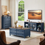 RWYHG 48" Farmhouse Coffee Table with Hidden Storage,Wooden Coffee Tables with 4 Drawers & Roman Column Handle,Rectangular Rustic Center Table with Solid Wood Curved Legs for Living Room,Office,Blue RWYHG