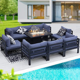 BULEXYARD 8 Seat Minimalist Aluminum Patio Sectional Seating with Fire Pit, 500 lbs Heavy Duty Outdoor Furniture Set, 29" Deep Wide Oversized Seating U Shaped Conversation Couch for Garden, Denim Blue BULEXYARD