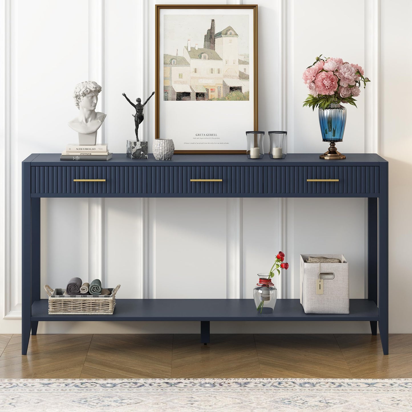 60" Modern Wooden Console Table Sofa Table with 3 Vertical Stripe Drawers, Open Bottom Shelf and Long Legs for Entryway, Hallway, Living Room, Foyer, Corridor (Navy Blue-04)