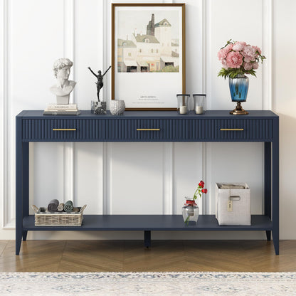 60" Modern Wooden Console Table Sofa Table with 3 Vertical Stripe Drawers, Open Bottom Shelf and Long Legs for Entryway, Hallway, Living Room, Foyer, Corridor (Navy Blue-04)