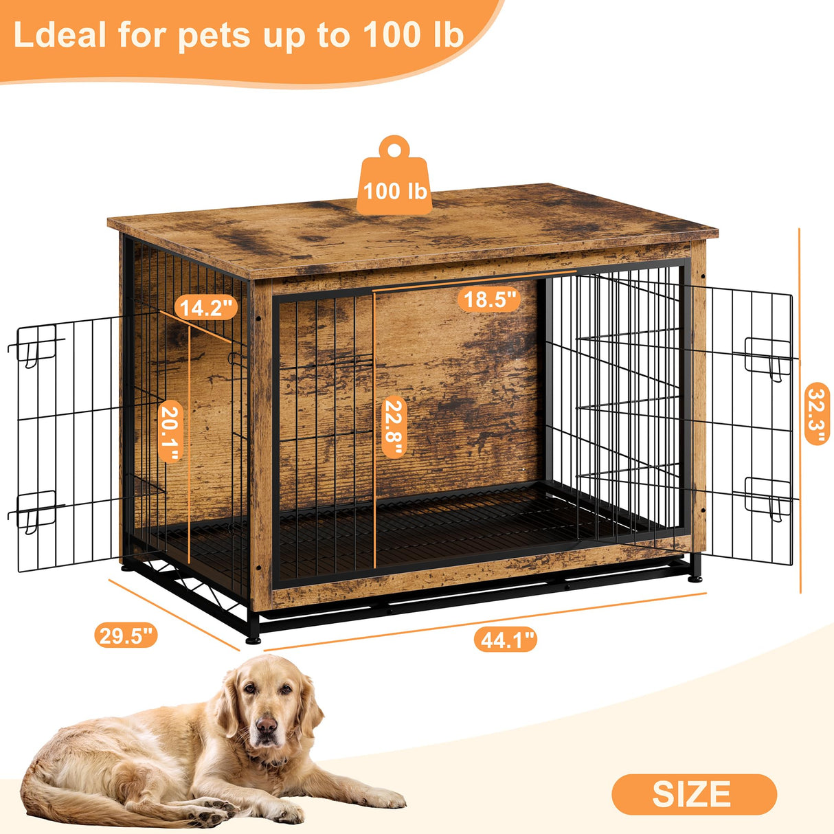 Vongrasig Dog Crate Furniture, Side End Table, Modern Wooden Kennel for Dogs Indoor, Heavy-Duty Dog Cage with Multi-Purpose Removable Tray, Double-Door Dog House, Rustic Brown Vongrasig
