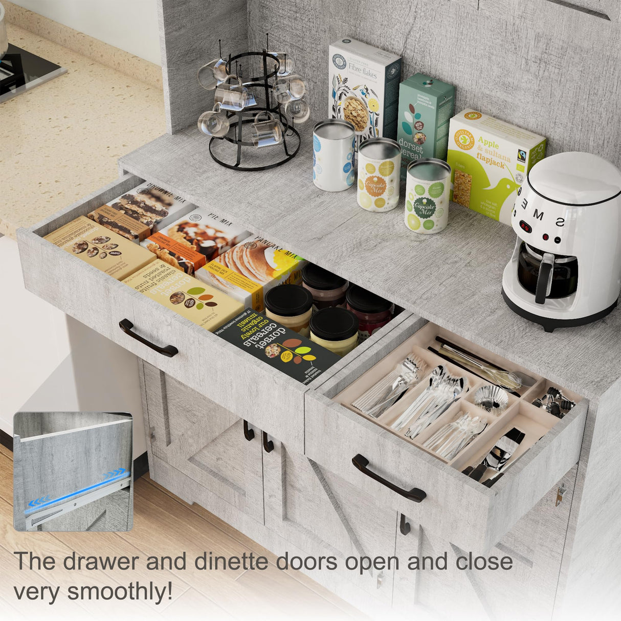 Azaeahom 71" Pantry Cabinet with Charging Station, Kitchen Storage Cabinet with Microwave Stand, 8-Zone Organization, 2 Smooth-Glide Drawers, Open Countertop for Dining, Kitchen, Living Room (Gray) Azaeahom