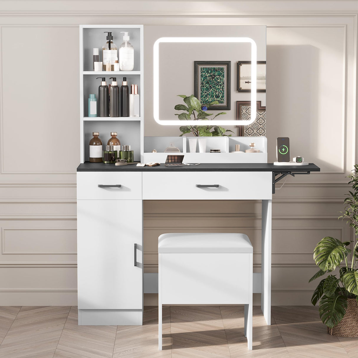 Esmlada Large Vanity Desk with Mirror and Light, Makeup Vanity Table and Cushioned Stool Set, Bedroom Dressing Table with Charging Station and 3 LED Light Modes Brown Esmlada