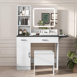 Esmlada Large Vanity Desk with Mirror and Light, Makeup Vanity Table and Cushioned Stool Set, Bedroom Dressing Table with Charging Station and 3 LED Light Modes Brown Esmlada